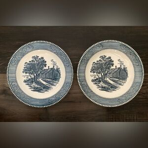 2 Vintage Currier and Ives "The Birthplace of Washington" Blue 7⅜" Salad Plate